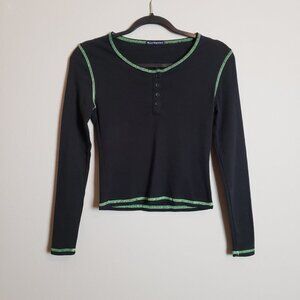 Brandy Melville Black Green Stitch Button Down Long Sleeve Crop Top